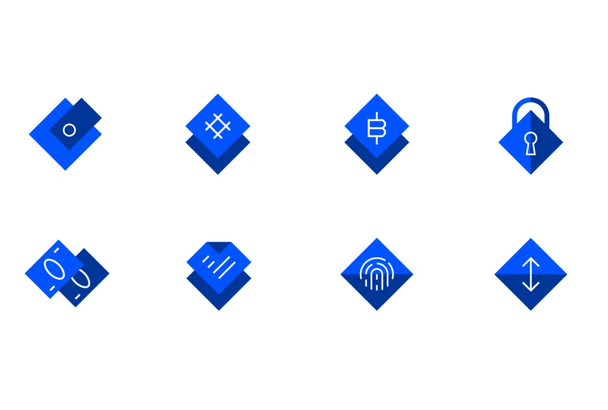 Eight Waves product icons, white line drawings cut into blue diamonds.