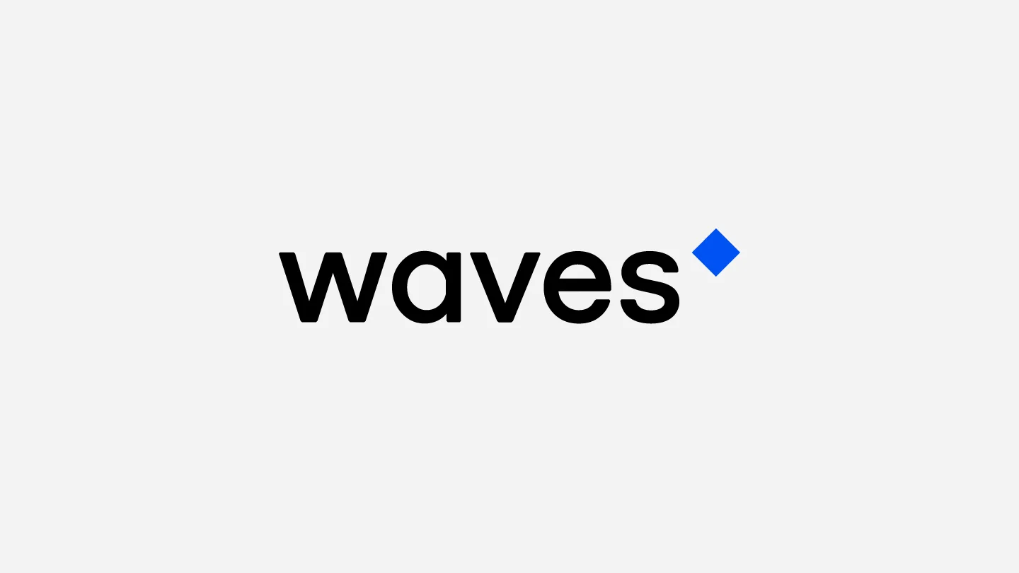 The Waves wordmark in black with the blue diamond, on light grey.