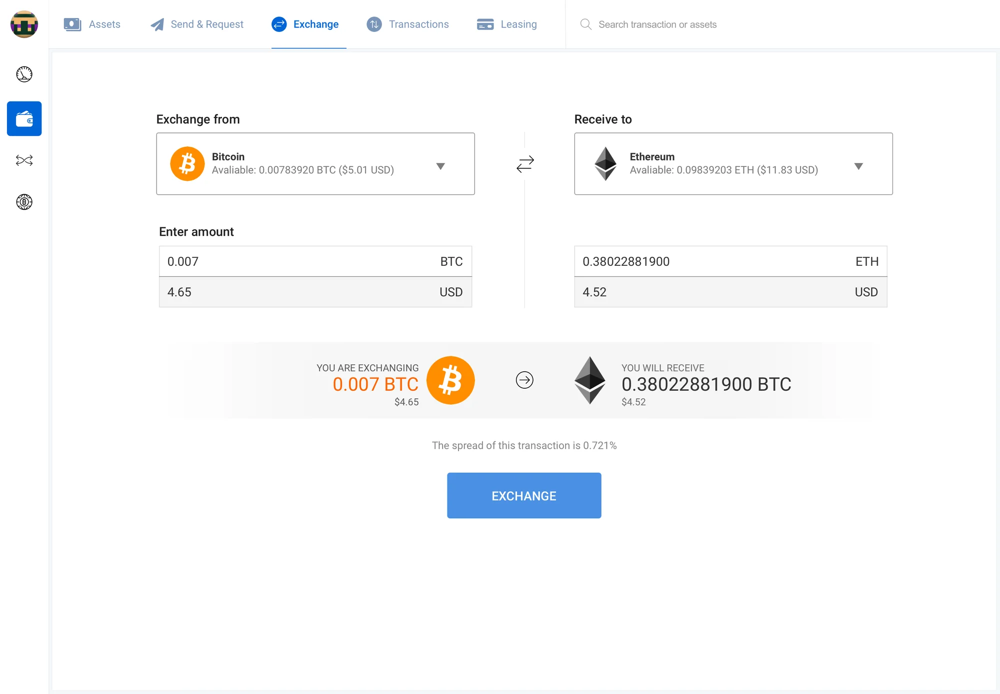 Exchange: Bitcoin to Ethereum, with the amount in both currencies, what you give and what you get, the spread, and one Exchange button.