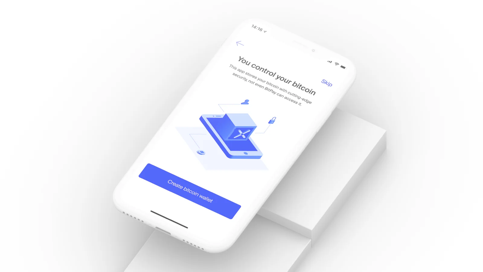 A phone showing the Waves onboarding: You control your bitcoin, with an illustration and a Create bitcoin wallet button.