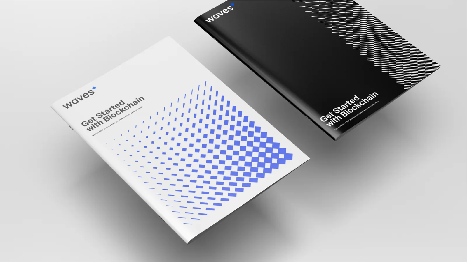 Two Waves brochures, Get started with blockchain, with a field of blue diamonds.